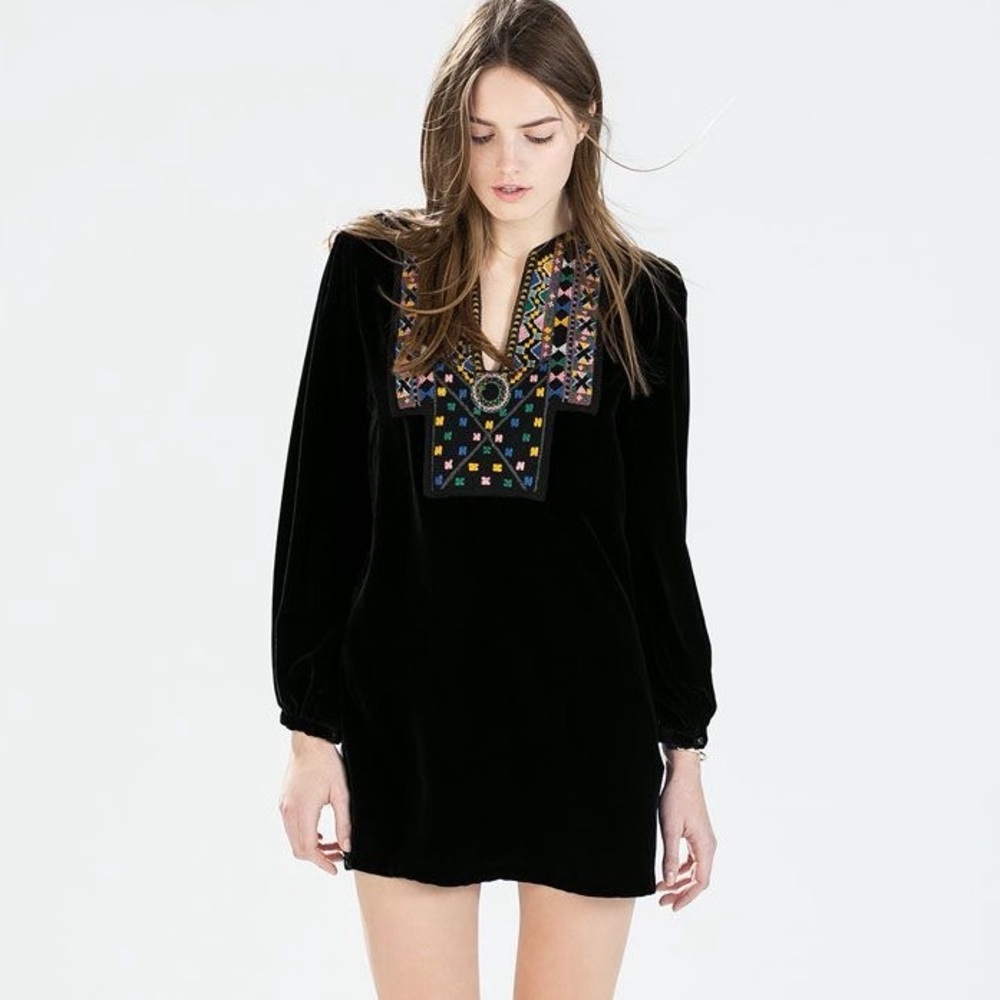 Zara Black Velveteen Mulberry Long Sleeve V-neck Boho Embroidered Mini Dress